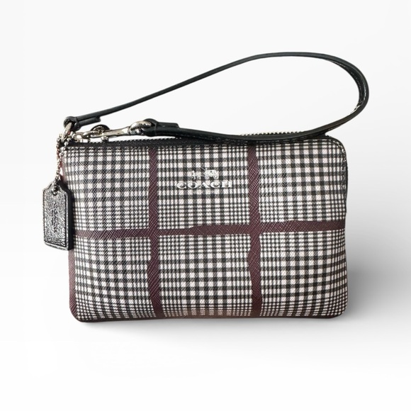 Coach Plaid Wristlet Pouch Black White Burgundy Patent Leather Trim